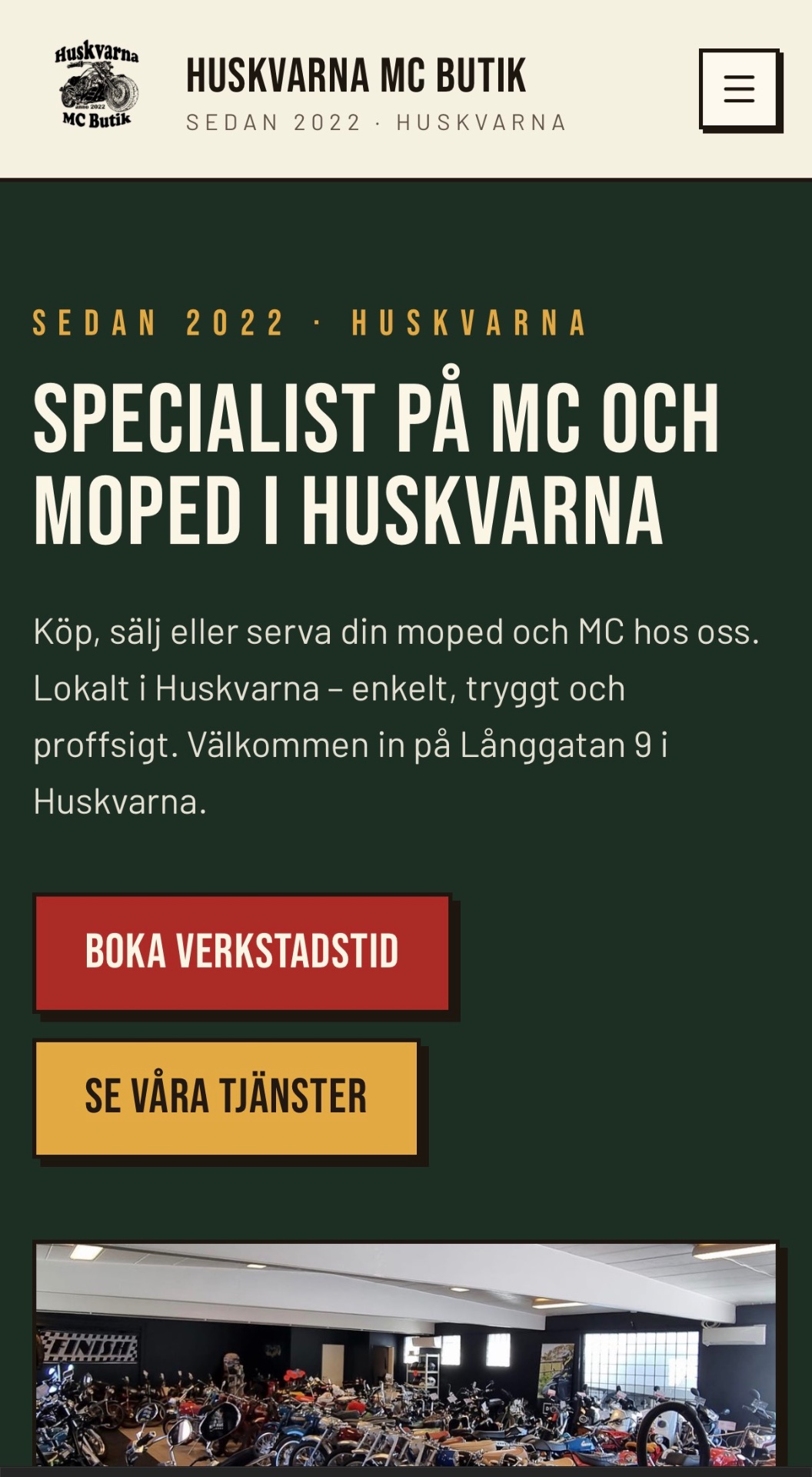 Startsidan för Huskvarna MC Butik på mobil