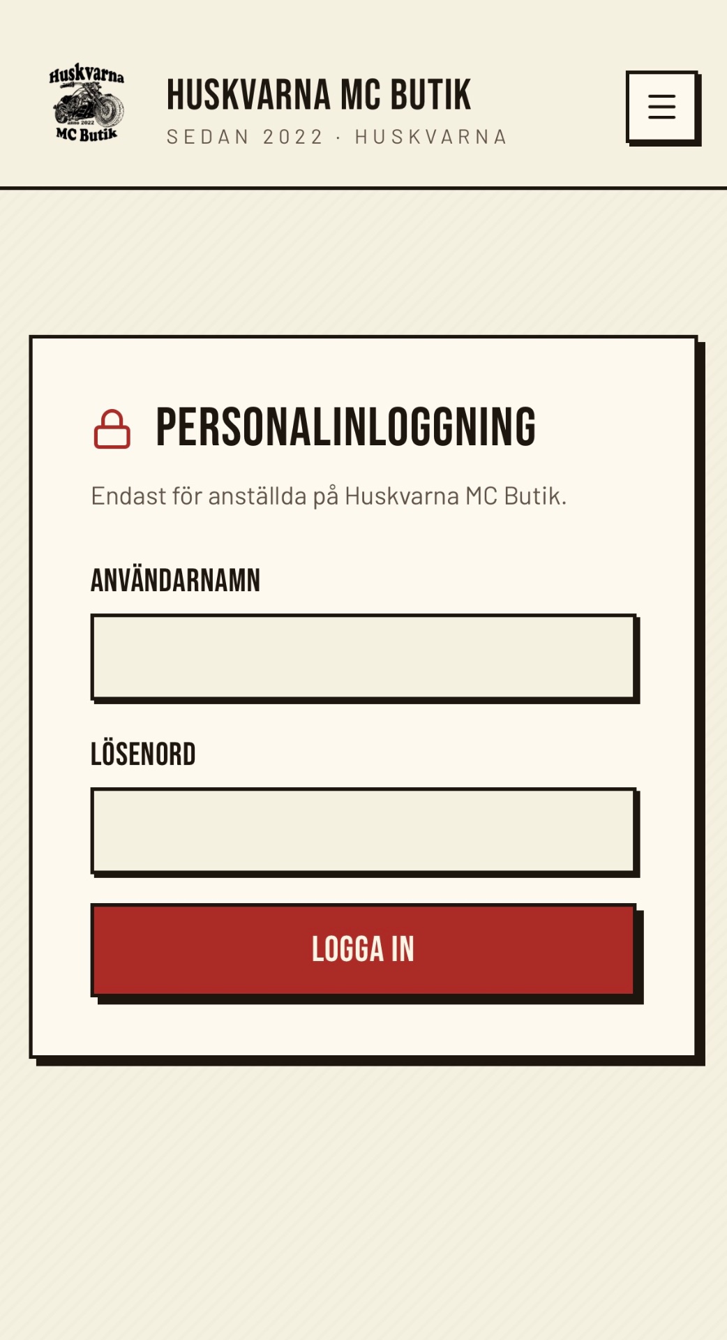 Personalinloggningen på Huskvarna MC Butiks hemsida